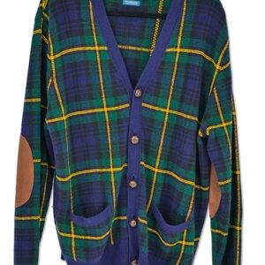 Ralph Lauren Polo Lambs Wool Tartan Plaid Cardigan in Blue & Green Elbow Patches